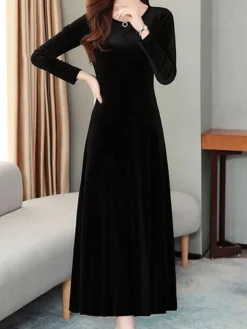 Women's Green Velvet Dress Maxi Long Dress Black Wine Blue Long Sleeve Solid Color Ruched Fall Winter Crew Neck Party Stylish Elegant Party -Party Prom Dresses Sales Store ovtikp1637316074341