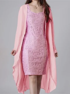 Women's Two Piece Dress Set Casual Dress Lace Dress Outdoor Daily Fashion Streetwear Lace Midi Dress V Neck Long Sleeve Plain Slim Yellow Pink Blue Fall Winter S M L XL XXL