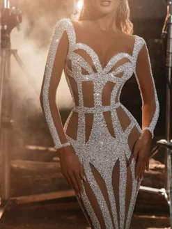 Women‘s Formal Party Dress Sequin Dress Long Dress Maxi Dress Silver Long Sleeve Pure Color Sequins Winter Fall Crew Neck Stylish Hot Fall Dress S M L XL XXL / Winter Dress -Party Prom Dresses Sales Store owrtxg1657707432796