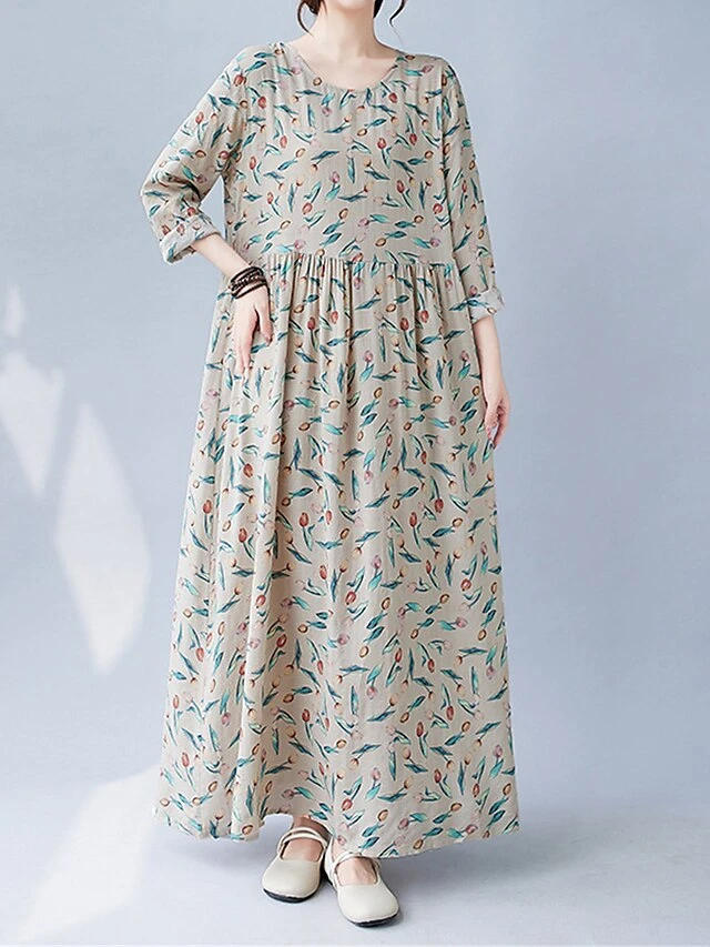 Women's Casual Dress Linen Dress Swing Dress Maxi Long Dress Linen Fashion Modern Outdoor Daily Holiday Crew Neck Print Long Sleeve Fall Winter Autumn 2023 Loose Fit Apricot Flower L XL 2XL 9 Women's Casual Dress Linen Dress Swing Dress Maxi Long Dress Linen Fashion Modern Outdoor Daily Holiday Crew Neck Print Long Sleeve Fall Winter Autumn 2023 Loose Fit Apricot Flower L XL 2XL - Image 9