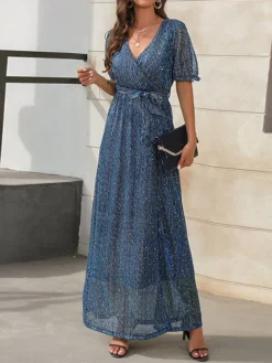 Women's Long Dress Maxi Dress Party Dress Formal Dress Summer Dress Pure Color Streetwear Modern Party Outdoor Holiday Lace Up Split Short Sleeve V Neck Dress Loose Fit Black Red Blue Summer Spring S -Party Prom Dresses Sales Store owuvzy1678860565012