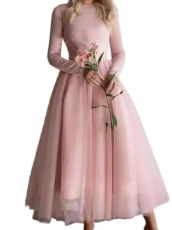 Women's Party Dress Homecoming Dress Swing Dress Midi Dress Black White Pink Long Sleeve Pure Color Mesh Winter Fall Spring Crew Neck Stylish Party Winter Dress Daily 2022 S M L XL -Party Prom Dresses Sales Store owwvwl1637656738535