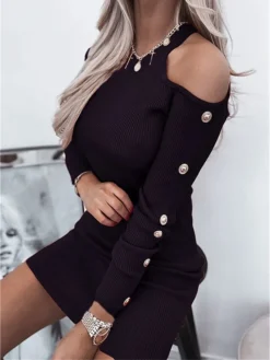 Women's Sweater Dress Jumper Dress Casual Dress Mini Dress Active Pure Color Outdoor Casual Holiday Vacation Crew Neck Long Sleeve Button 2023 Regular Fit Black Red Blue S M L XL XXL 3XL -Party Prom Dresses Sales Store oxhyir1693535020864