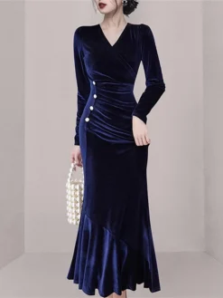 Women's Prom Dress Party Blue Dress Velvet Dress Long Dress Maxi Dress Blue Long Sleeve Pure Color Lace Up Fall Winter Autumn Crew Neck