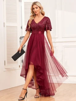 Women‘s Christmas Party Dress Sequin Dress Red Dress Long Dress Maxi Dress Wine Short Sleeve Pure Color Mesh Sparkly Glitter Summer Spring Fall V Neck Fashion Wedding Guest Summer Dress Loose -Party Prom Dresses Sales Store oxyvqh1693983262564