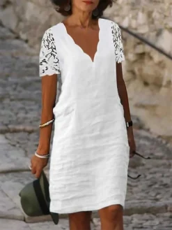Women's Casual Dress Cotton Linen Dress Shift Dress Midi Dress Cotton Blend Modern Casual Outdoor Daily Vacation V Neck Lace Eyelet Short Sleeve Summer Spring 2023 Regular Fit White Plain S M L XL 2XL