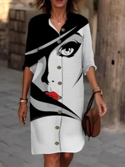 Women's Shirt Dress Casual Dress Cotton Linen Dress Midi Dress Polyester Fashion Casual Daily Outdoor Daily Vacation Shirt Collar Button Print Long Sleeve Summer Spring Fall 2023 Loose Fit Black -Party Prom Dresses Sales Store oyptaw1691650321152