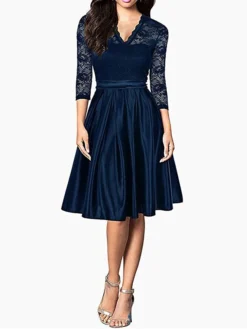 Women's Party Dress Lace Dress Cocktail Dress Midi Dress Black White Wine 3/4 Length Sleeve Pure Color Lace Summer Spring Fall V Neck Party Wedding Guest Fall Dress Spring Dress 2023 S M L XL 2XL -Party Prom Dresses Sales Store ozyrrl1676614004645