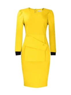 Women's Work Dress Sheath Dress Semi Formal Dress Fashion Office Daily Workfashion Midi Dress Button Crew Neck Long Sleeve Plain Slim Yellow Red Blue Fall Winter S M L XL XXL -Party Prom Dresses Sales Store parisw1695030992819