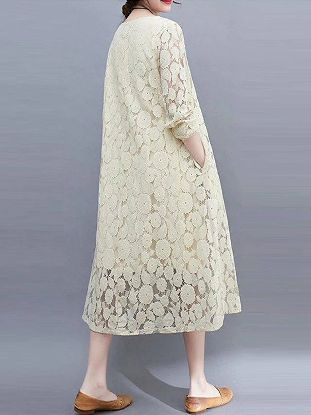 Women's Work Dress Lace Dress Black Dress Fashion Midi Dress Lace Pocket Crew Neck Long Sleeve Plain Loose Fit Black White Pink Fall M L XL XXL 3XL 13 Women's Work Dress Lace Dress Black Dress Fashion Midi Dress Lace Pocket Crew Neck Long Sleeve Plain Loose Fit Black White Pink Fall M L XL XXL 3XL - Image 13