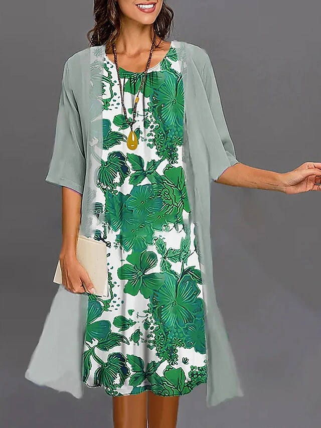 Women's Two Piece Dress Set Casual Dress Print Dress Outdoor Daily Fashion Elegant Print Midi Dress Crew Neck 3/4 Length Sleeve Floral Regular Fit Wine Navy Blue Blue Summer Spring S M L XL XXL 2 Women's Two Piece Dress Set Casual Dress Print Dress Outdoor Daily Fashion Elegant Print Midi Dress Crew Neck 3/4 Length Sleeve Floral Regular Fit Wine Navy Blue Blue Summer Spring S M L XL XXL - Image 2