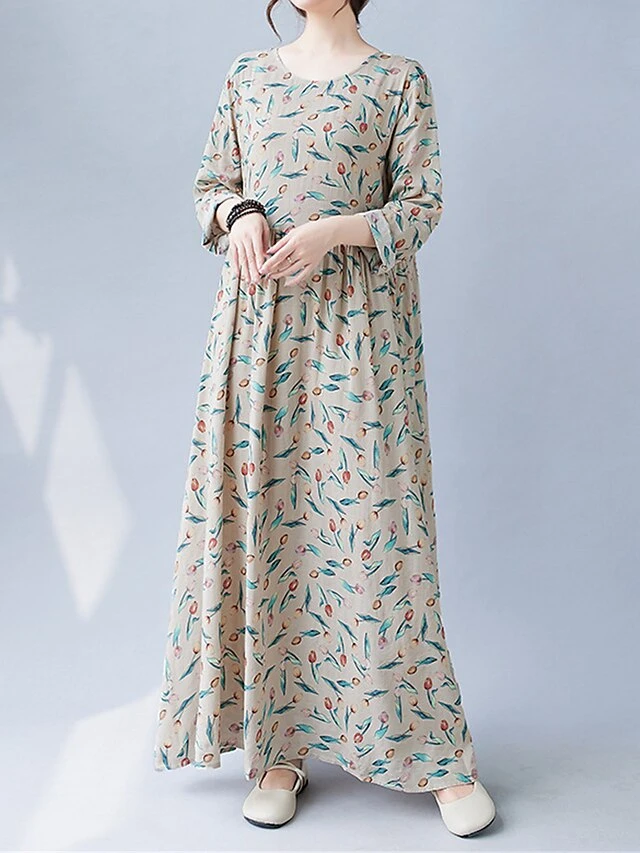 Women's Casual Dress Linen Dress Swing Dress Maxi Long Dress Linen Fashion Modern Outdoor Daily Holiday Crew Neck Print Long Sleeve Fall Winter Autumn 2023 Loose Fit Apricot Flower L XL 2XL 7 Women's Casual Dress Linen Dress Swing Dress Maxi Long Dress Linen Fashion Modern Outdoor Daily Holiday Crew Neck Print Long Sleeve Fall Winter Autumn 2023 Loose Fit Apricot Flower L XL 2XL - Image 7