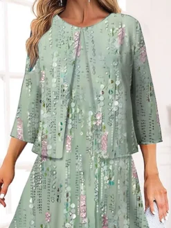 Women's Two Piece Dress Set Casual Dress Swing Dress Outdoor Office Fashion Streetwear Print Midi Dress Crew Neck 3/4 Length Sleeve Floral Regular Fit Pink Green Spring Fall S M L XL XXL -Party Prom Dresses Sales Store pcigvg1692089991548