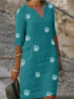 Women's Casual Dress Cotton Linen Dress Shift Dress Midi Dress Polyester Fashion Modern Outdoor Daily Vacation V Neck Print 3/4 Length Sleeve Summer Spring 2023 Loose Fit Yellow Red Green Flower S M -Party Prom Dresses Sales Store pcuekj1683796782895