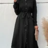 Women's Work Dress Casual Dress Black Dress Fashion Office Daily Workfashion Midi Dress Lace Up Button Shirt Collar Long Sleeve Plain Loose Fit Black Fall Winter S M L XL