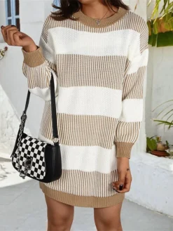 Women's Sweater Dress Winter Dress Jumper Dress Mini Dress Patchwork Outdoor Street Daily Fashion Streetwear Crew Neck Long Sleeve 2023 Loose Fit Wine Khaki Dark Blue Color S M L Size