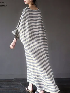Women's Cotton Linen Dress Casual Dress Maxi Long Dress Linen Cotton Blend Casual Outdoor Daily Crew Neck Print Long Sleeve Summer Spring Fall 2023 Loose Fit Black Gray Striped S M L XL 2XL -Party Prom Dresses Sales Store pdqbnz1672828236647