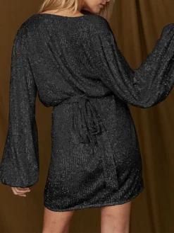 Women‘s Party Dress Sequin Dress Homecoming Dress Cocktail Dress Mini Dress Black White Champagne Long Sleeve Pure Color Sparkly Glitter Lace Up Fall Winter Autumn V Neck Wedding Guest -Party Prom Dresses Sales Store pdvjdr1694592548887