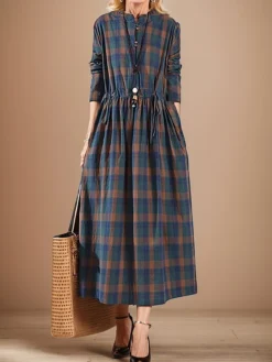Women's Casual Dress Cotton Linen Dress Plaid Dress Midi Dress Linen / Cotton Blend Fashion Basic Outdoor Daily Holiday Stand Collar Pocket Print Long Sleeve Fall Winter Autumn 2023 Loose Fit Yellow