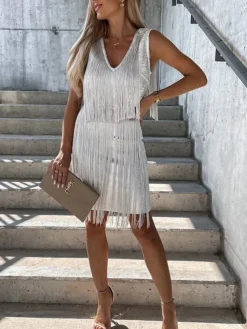 Women's Party Dress Fringe Dress Homecoming Dress Mini Dress Silver Black Gold Sleeveless Pure Color Tassel Fringe Fall Winter Autumn Spaghetti Strap Fashion Vacation 2023 S M L XL