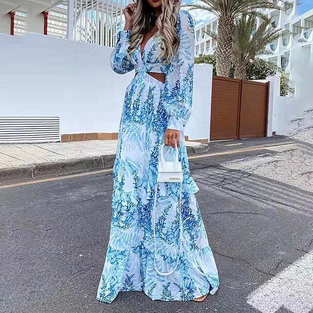 Women's Swing Dress Maxi Long Dress Light Purple Green Blue Yellow Long Sleeve Print Hollow Out Spring Summer V Neck Stylish Elegant Vacation 2023 S M L XL XXL 3 Women's Swing Dress Maxi Long Dress Light Purple Green Blue Yellow Long Sleeve Print Hollow Out Spring Summer V Neck Stylish Elegant Vacation 2023 S M L XL XXL - Image 3