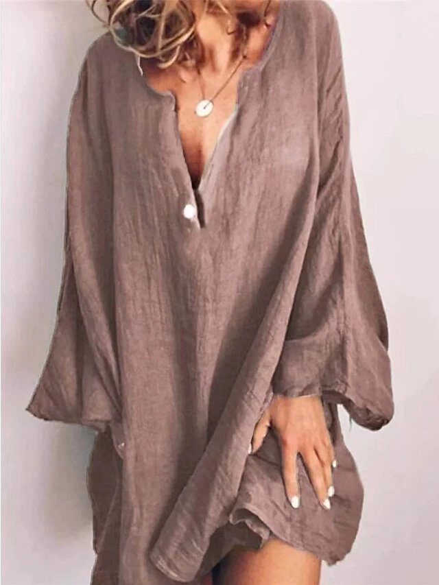 Women's Cotton Linen Dress Casual Dress Shift Dress Mini Dress Cotton Blend Fashion Modern Daily Vacation V Neck Button Long Sleeve Summer Spring 2023 Regular Fit Wine Blue Brown Pure Color S M L XL 3 Women's Cotton Linen Dress Casual Dress Shift Dress Mini Dress Cotton Blend Fashion Modern Daily Vacation V Neck Button Long Sleeve Summer Spring 2023 Regular Fit Wine Blue Brown Pure Color S M L XL - Image 3