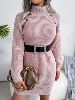 Women's Sweater Dress Winter Dress Jumper Dress Mini Dress Button Outdoor Street Daily Fashion Streetwear Turtleneck Long Sleeve 2023 Loose Fit White Pink Army Green Color S M L Size -Party Prom Dresses Sales Store perdzs1694154092484