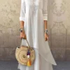Women's Cotton Linen Dress Casual Dress Swing Dress Maxi Long Dress Cotton Blend Basic Casual Outdoor Daily V Neck Ruched Layered Half Sleeve Summer Spring Fall 2023 Loose Fit White Plain S M L XL 2XL