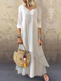 Women's Cotton Linen Dress Casual Dress Swing Dress Maxi Long Dress Cotton Blend Basic Casual Outdoor Daily V Neck Ruched Layered Half Sleeve Summer Spring Fall 2023 Loose Fit White Plain S M L XL 2XL