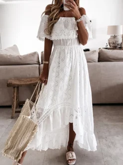 Women's Party Dress Casual Dress Swing Dress Long Dress Maxi Dress White Short Sleeve Pure Color Lace Summer Spring Off Shoulder Vacation 2023 S M L XL -Party Prom Dresses Sales Store pfkulq1642500735470