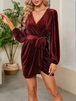 Women's Party Dress Velvet Dress Cocktail Dress Mini Dress Wine Long Sleeve Pure Color Lace Up Spring Fall Winter V Neck Fashion Winter Dress Wedding Guest Vacation 2023 S M L XL XXL -Party Prom Dresses Sales Store pfkyzh1692167106810