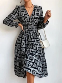 Women's Work Dress Casual Dress Swing Dress Fashion Office Daily Workfashion Midi Dress Print V Neck Long Sleeve Floral Regular Fit Black White Blue Fall Winter S M L XL