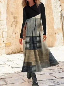 Women's Work Dress Casual Dress Swing Dress Fashion Winter Dress Daily Long Dress Maxi Dress Button Print V Neck Long Sleeve Geometric Houndstooth Regular Fit Yellow Blue Khaki Fall Winter S M L XL -Party Prom Dresses Sales Store pfpdru1695264758329