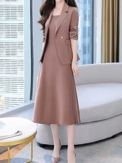 Women's Two Piece Dress Set Work Dress Skirt Set Formal Office Streetwear Elegant Button Pocket Midi Dress Shirt Collar Long Sleeve Plain Regular Fit Black Purple Beige Fall Winter M L XL XXL 3XL -Party Prom Dresses Sales Store pfpwxy1694498843143