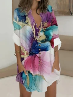 Women's Shirt Dress Casual Dress Cotton Linen Dress Mini Dress Polyester Fashion Casual Daily Outdoor Daily Vacation Shirt Collar Button Pocket Long Sleeve Summer Spring Fall 2023 Loose Fit Pink Navy