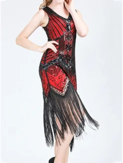 Women‘s Halloween Dress Retro 1920s Fringe Dress Midi Dress Party Outdoor Sequins Tassel Fringe Plain V Neck Sleeveless Regular Fit Summer Spring 2023 Claret Black S M L XL -Party Prom Dresses Sales Store pfzffk1677052182044