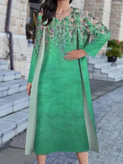 Women's Dress Set Two Piece Dress Long Dress Maxi Dress Blue Green Long Sleeve Color Block Print Summer Spring Crew Neck Vacation Winter Dress Fall Dress Loose Fit 2023 S M L XL XXL 3XL 4XL 5XL -Party Prom Dresses Sales Store pgdzhi1663758526218
