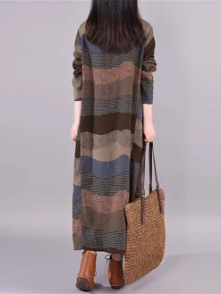 Women's Casual Dress Cotton Linen Dress Loose Dress Midi Dress Cotton Basic Classic Outdoor Daily Vacation Crew Neck Print Long Sleeve Spring Fall Winter 2023 Loose Fit Wine Brown Striped M L XL 2XL -Party Prom Dresses Sales Store pghxzr1692778410907