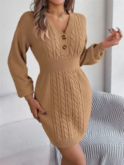 Women's Sweater Dress Winter Dress Jumper Dress Mini Dress Active Pure Color Outdoor Casual Holiday Vacation V Neck Long Sleeve Button 2023 Regular Fit White Pink Green S M L -Party Prom Dresses Sales Store pgmget1696926536927