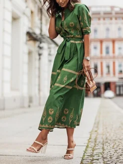Women's Casual Dress Cotton Linen Dress White Dress Midi Dress Polyester Fashion Gothic Outdoor Daily Vacation Stand Collar Print Half Sleeve Summer Spring Fall 2023 Loose Fit Black Green Apricot -Party Prom Dresses Sales Store pgnuik1690369991900