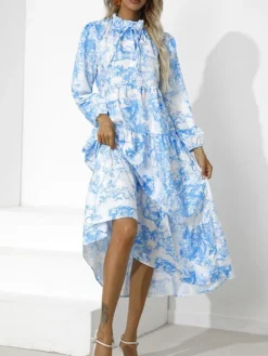 Women's Work Dress Swing Dress Semi Formal Dress Fashion Midi Dress Print Stand Collar Long Sleeve Floral Loose Fit Red Blue Green Fall S M L XL XXL -Party Prom Dresses Sales Store pgopvj1693300619121