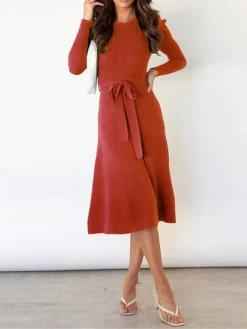 Women's Sweater Dress Winter Dress Jumper Dress Midi Dress Lace Up Ruched Daily Date Going Out Active Fashion Crew Neck Long Sleeve 2023 Slim Black Red Dark Green Color S M L XL XXL Size -Party Prom Dresses Sales Store pgtimi1692174418324