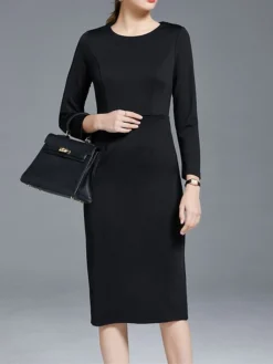 Women's Work Dress Sheath Dress Semi Formal Dress Fashion Winter Dress Office Workfashion Midi Dress Zipper Crew Neck 3/4 Length Sleeve Plain Regular Fit Black Red Fall Winter S M L XL XXL -Party Prom Dresses Sales Store pgzfzx1695030997786