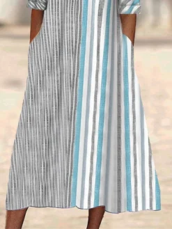 Women's Casual Dress Cotton Linen Dress Midi Dress Linen / Cotton Blend Fashion Modern Outdoor Daily Vacation Split Neck Button Pocket 3/4 Length Sleeve Summer Spring Fall 2023 Regular Fit Gray -Party Prom Dresses Sales Store phgdem1690511629634