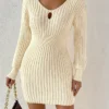 Women's Sweater Dress Jumper Dress Casual Dress Mini Dress Warm Pure Color Outdoor Casual Daily Holiday V Neck Long Sleeve Cut Out 2023 Regular Fit Beige XL XXL 3XL