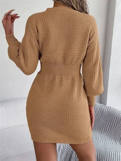Women's Sweater Dress Winter Dress Jumper Dress Mini Dress Active Pure Color Outdoor Casual Holiday Vacation V Neck Long Sleeve Button 2023 Regular Fit White Pink Green S M L -Party Prom Dresses Sales Store phoswp1696926537514