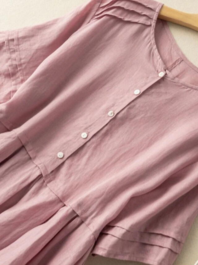 Women's Casual Dress Cotton Linen Dress Midi Dress Linen / Cotton Blend Fashion Classic Style Outdoor Daily Holiday Crew Neck Button Short Sleeve Fall Winter Autumn 2023 Loose Fit Pink Wine Green 2 Women's Casual Dress Cotton Linen Dress Midi Dress Linen / Cotton Blend Fashion Classic Style Outdoor Daily Holiday Crew Neck Button Short Sleeve Fall Winter Autumn 2023 Loose Fit Pink Wine Green - Image 2