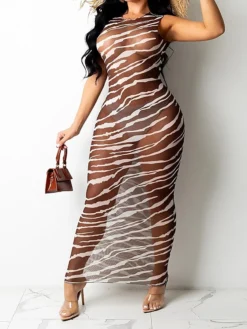 Women's Sheath Dress Long Dress Maxi Dress Black Army Green Sleeveless Striped Print Spring Summer Crew Neck Slim Mesh S M L XL XXL