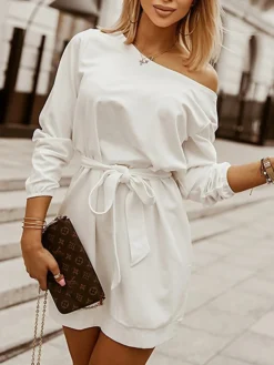 Women's Work Dress Casual Dress White Dress Fashion Daily Workfashion Mini Dress Patchwork Crew Neck Long Sleeve Plain Loose Fit White Khaki Fall Winter S M L XL