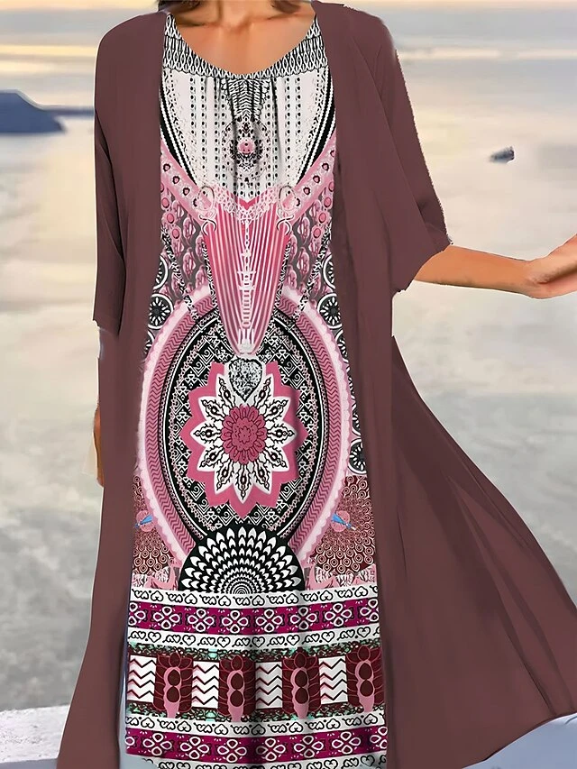 Women's Two Piece Dress Set Casual Dress Print Dress Outdoor Daily Vintage Ethnic Print Midi Dress Crew Neck 3/4 Length Sleeve Floral Tribal Loose Fit Black Navy Blue Royal Blue Summer Spring S M L 5 Women's Two Piece Dress Set Casual Dress Print Dress Outdoor Daily Vintage Ethnic Print Midi Dress Crew Neck 3/4 Length Sleeve Floral Tribal Loose Fit Black Navy Blue Royal Blue Summer Spring S M L - Image 5